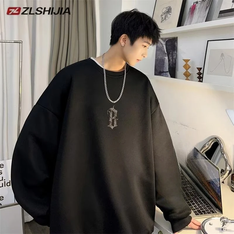 M-8XL Autumn Men Pullover Hoodie Oversized Sweatshirt Korean Fashion Loose Letter Print Long Sleeve Plus Velvet Couple Clothes
