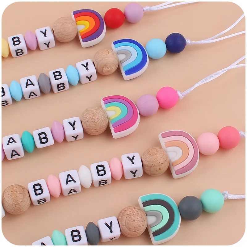 Baby Pacifier Chain Beech Wood Creative Cartoon Silicone Rainbow Chain Teething Teethers Anti-falling