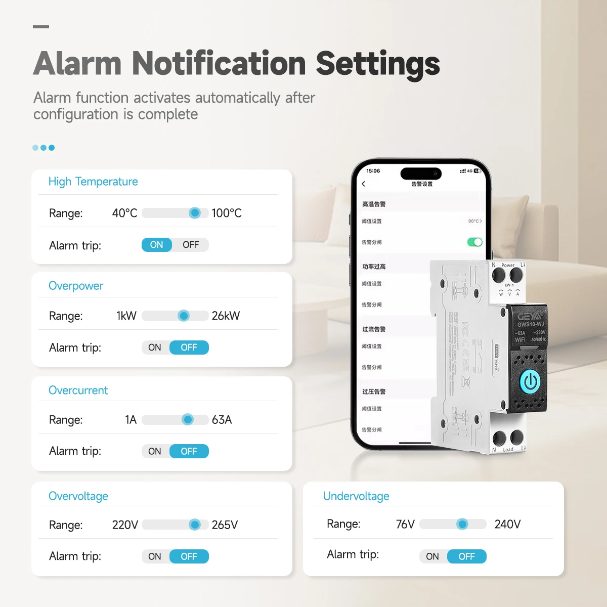 GEYA TUYA WiFi/ZigBee MCB 스마트 회로 차단기 과전류 저전압 보호 전력 계량 1-63A 원격 제어 스위치