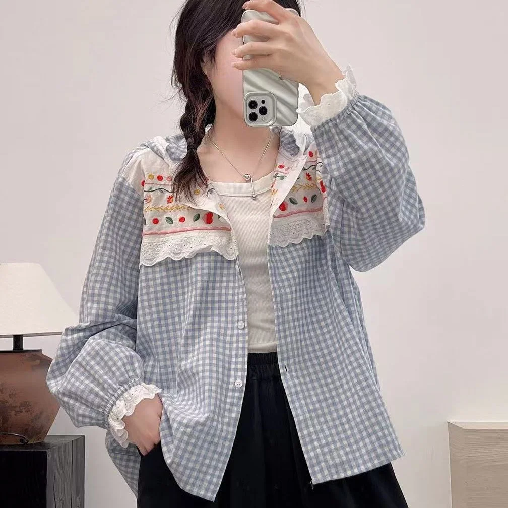 

Lace Hoodies for Women Autumn Spring Hooded Long Sleeve Blue Plaid Patchwork Cardigan Mori Girl Checkered Jackets Outwear