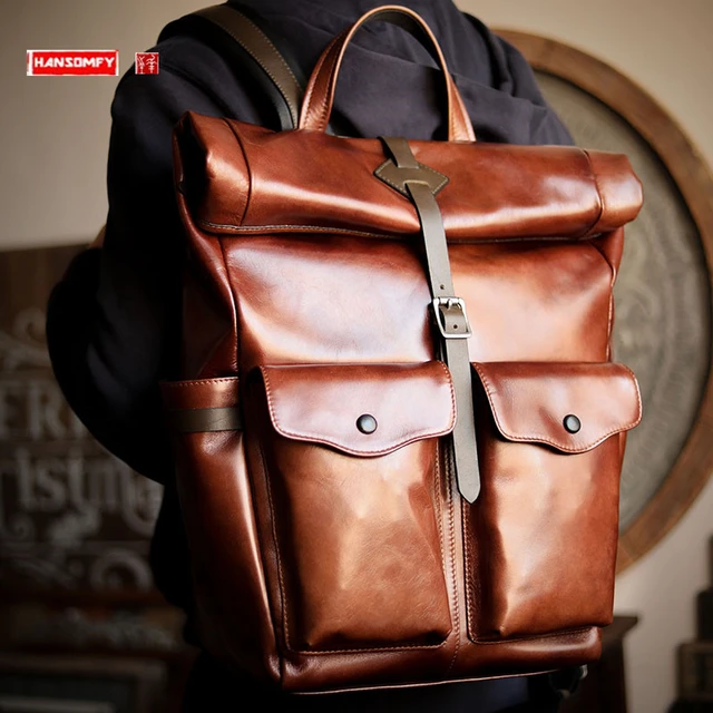 Mochila Vintage de cuero genuino para hombre, bolsa para ordenador portátil  de 14-15,6 pulgadas, de piel de vaca, de gran capacidad, estilo Retro -  AliExpress