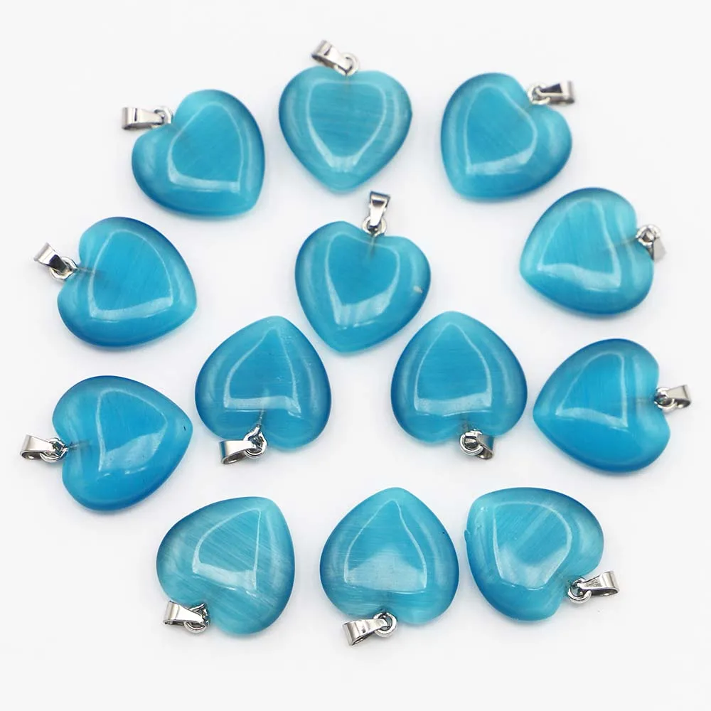 Natural Stone New Blue Agate Heart Necklace Pendant Lucky Minerals Healing Charm DIY Fashion Jewelry Accessories Wholesale 30Pcs
