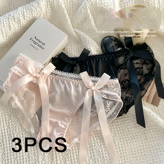 3PCS/set Ladies Sexy Mesh Panties Mid-waist Seamless Lace Underwear Briefs  Japanese Style Young Girl Underwear Pink Bow Lingerie - AliExpress