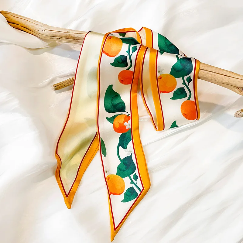 2024 New Korean Fruit Pattern Narrow Long Silk Scarf For Women With Hair Tie Scarf Professional Scarf Ribbon Tied Bag 7X130CM 5
