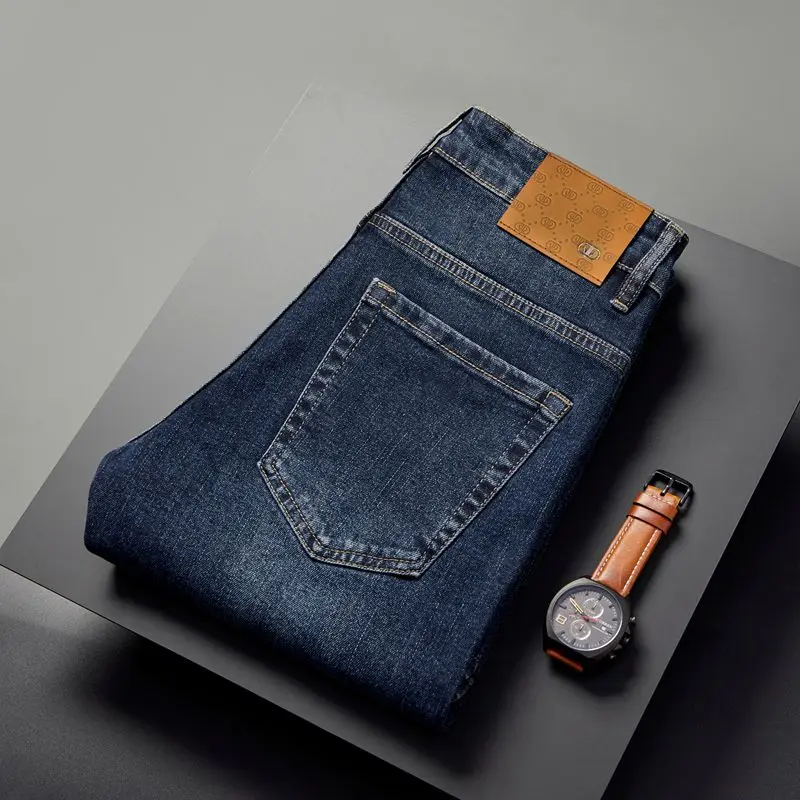 2024 Blue Classic Men's Jeans Simple All-Match Office Business Casual Quality High-End Elastic Straight Trousers