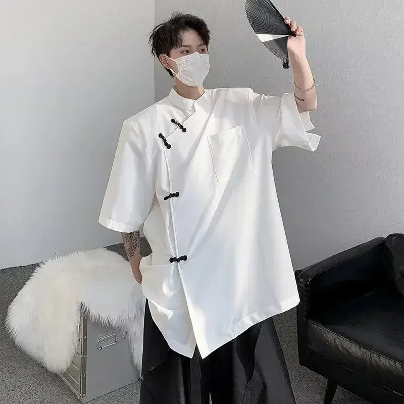 Chinese Style Black White Disc Button Irregular Short Sleeve Tang Suit Blouse Man Summer Fashion Casual Shirt Kung Fu Uniform