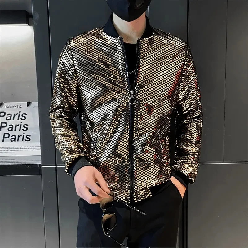 Sequin Diamond Bomber Jackets for Men Silver Plaid Fashion