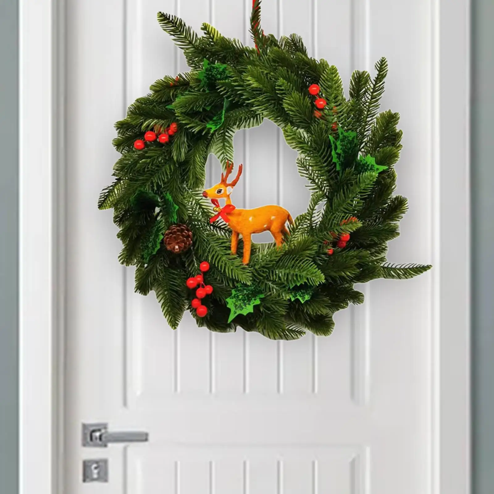 

Рождественский дверной венок 17,7 дюйма, красные ягоды, зеленые листья, венки, настенные подвески