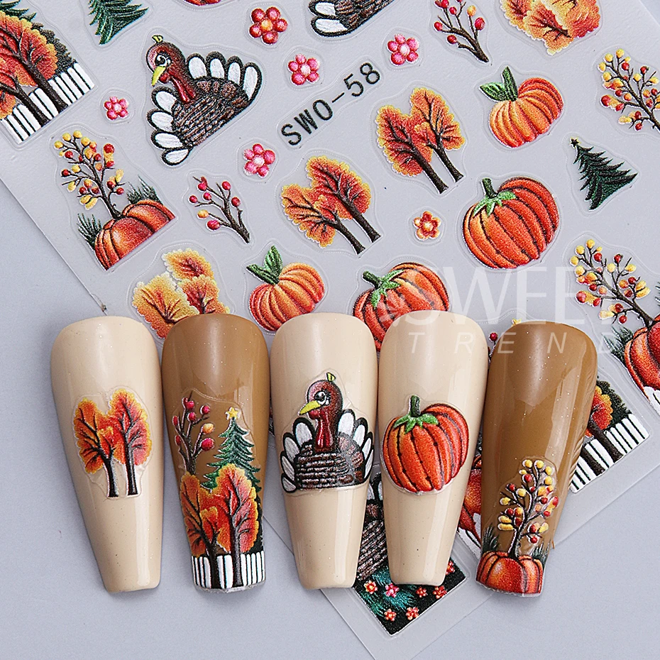 2pcs Cartoon Autumn Pumpkin Nail Stickers 3D Maple Leaf Squirrel Mushroom Adhesive Nail Decals Sliders DIY Manicure Decoration