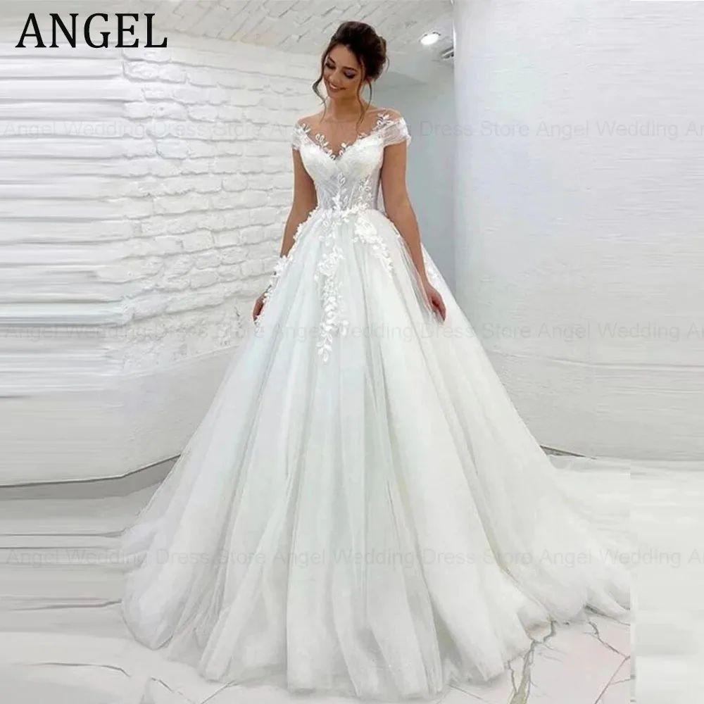 

ANGEL Elegant Lace Tulle Wedding Dress Princess V-Neck Cap Sleeves A-Line Appliques With Button Back Bridal Gown Custom Made
