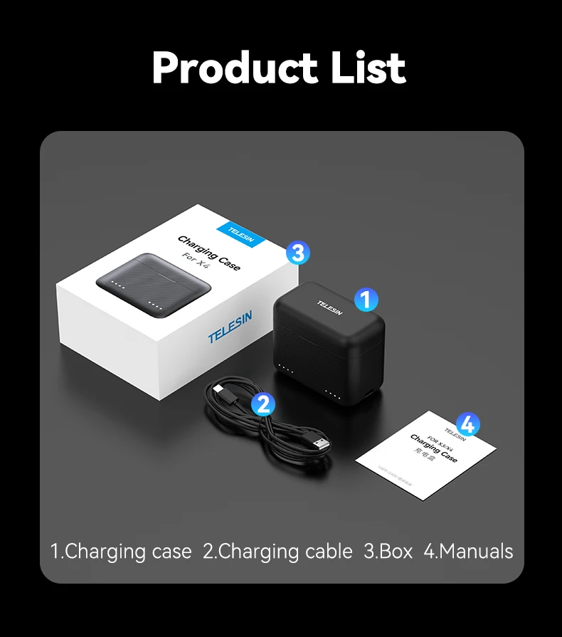 TELESIN For X3 X4 Battery Charger Portable Charging Case TF Card Storage Box Ch