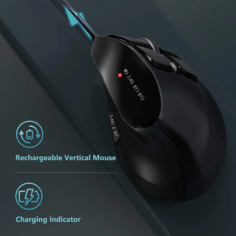 Dual Mode Silent Vertical Mouse Bluetooth/Wireless Optical Ergonomic Mouse with Adjustable Sensitivity and Quiet Buttons