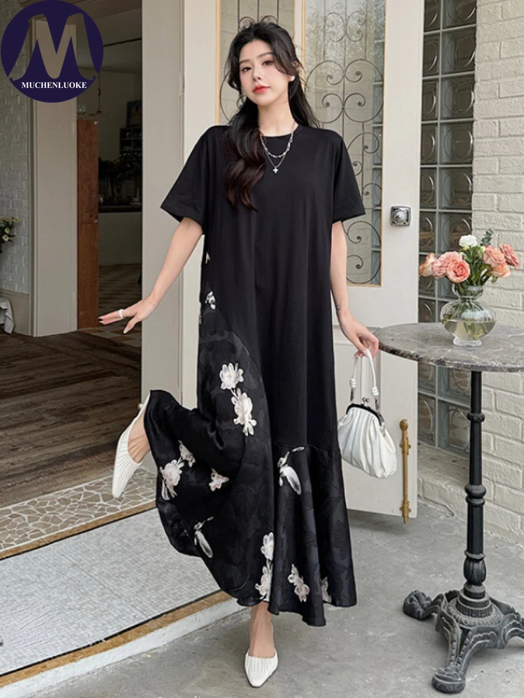 

Elegant Dresses for Women Summer Printed O Neck Short Sleeve Splicing Dress Fashion Casual Loose Chinese Style Oversize Dress