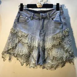 2021 summer new heavy-duty diamond-studded beaded sequined mesh high-waisted thin wide-leg denim shorts women