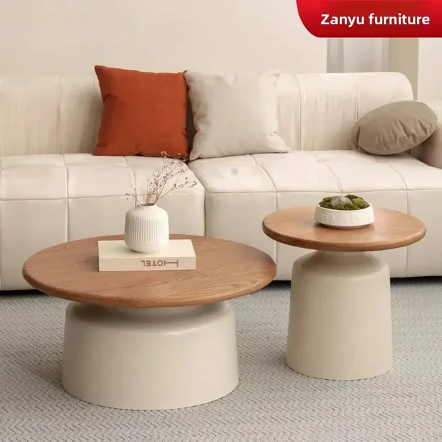 Table basse en bois moderne minimaliste, design à bords arrondis, base blanche courbée, couleur crème, pour petits espaces, table basse de luxe. 1