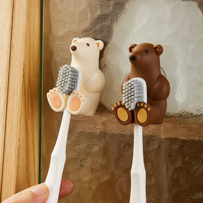 Adorable Polar Bear Toothbrush Holder Wall Mounted Suction Cup Racks Creative Perforation-free Leather Band Mask Plug Storage Bathroom Shelf Rack Wall Shelf Organizer Bathroom Storage Rack Storage Rack Wall Shelf