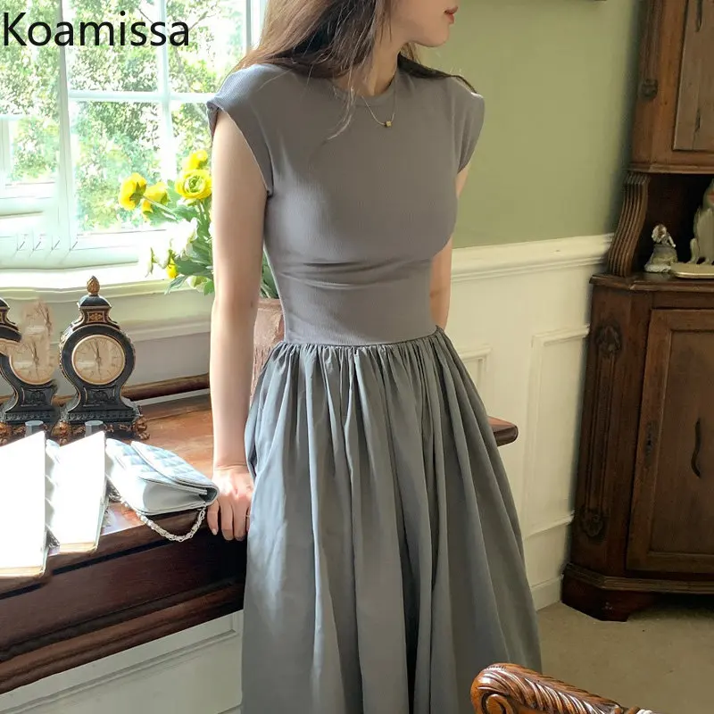 

Koamissa Vintage Women Solid Dress Lady Sweet French Short Sleeve O-neck Folds Vest Dresses Femme Slim A Line Vestidos New Robes