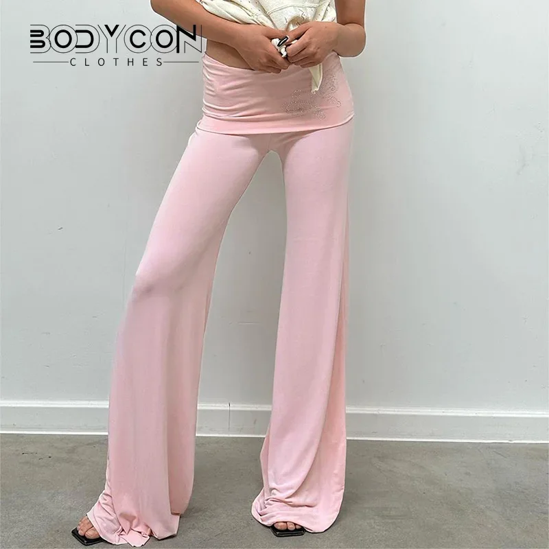 

Bodycon Butterfly Diamond Fold Over Low Rise Flare Pants Women Stitching Sports American Casual Long Pants Y2K Hottie Streetwear