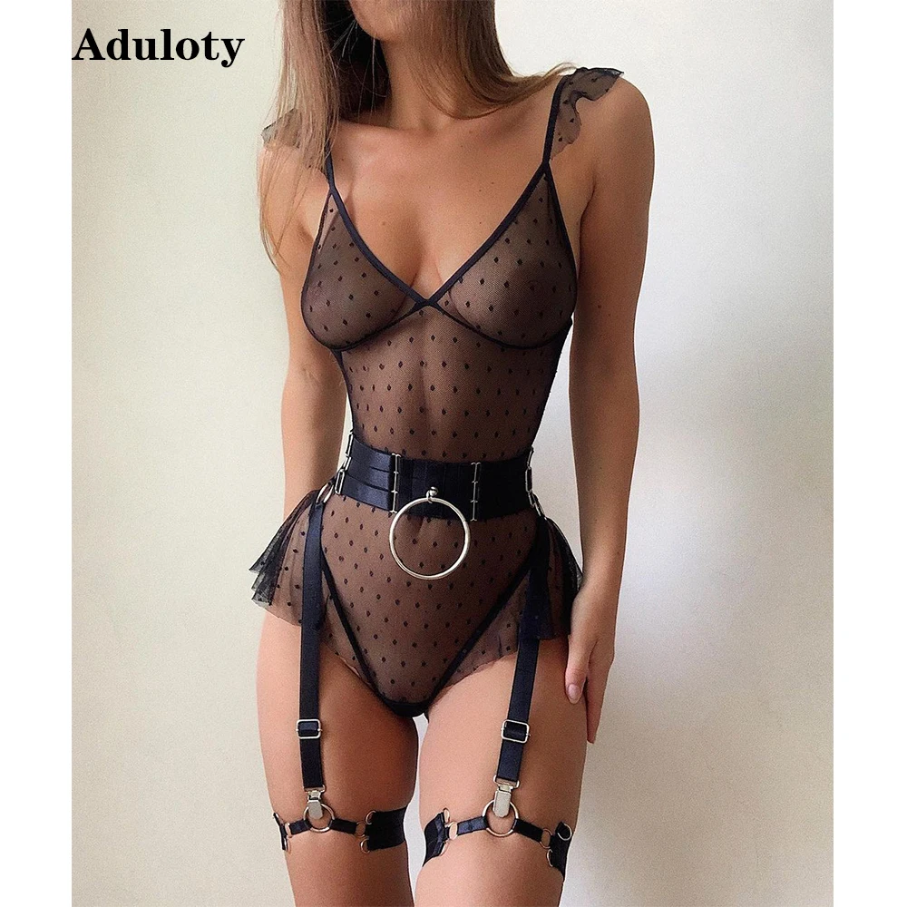 

Aduloty Summer Thin Women's Underwear Black Lace Polka-Dot Perspective Sexy Teddy Bodysuit Garter Erotic Lingerie Set