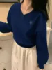 Korean V Neck Atmospheric Loose Sweatshirt for Women Autum Letter Long-Sleeved Pullover Knitwear Lazy High-End Top 2