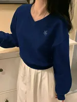 Korean V Neck Atmospheric Loose Sweatshirt for Women Autum Letter Long-Sleeved Pullover Knitwear Lazy High-End Top 2