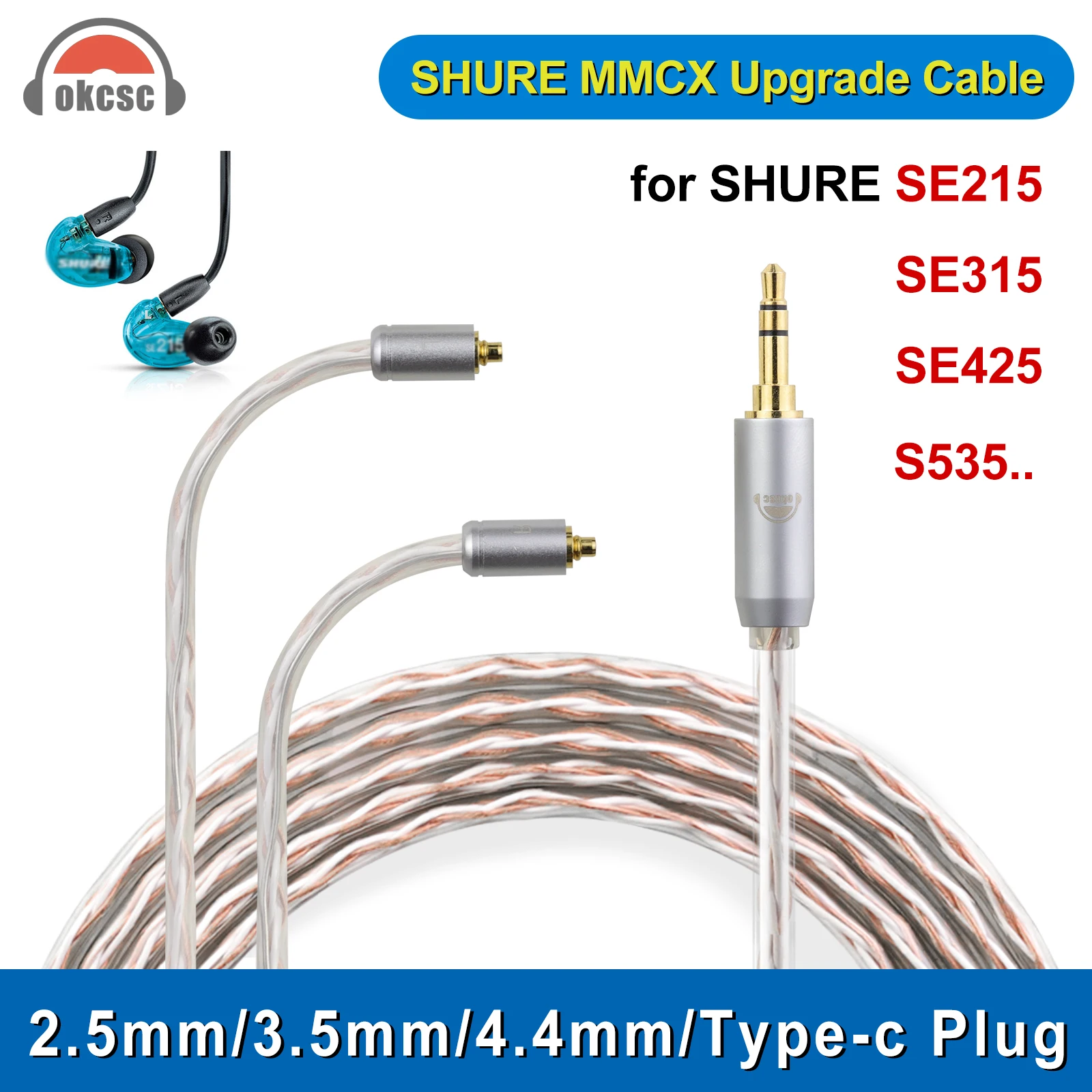 8Core MMCX Balanced 4.4mm Silver Plated Copper Earphone Cable - Upgrade Cable For Shure SE315/425/535, UE900