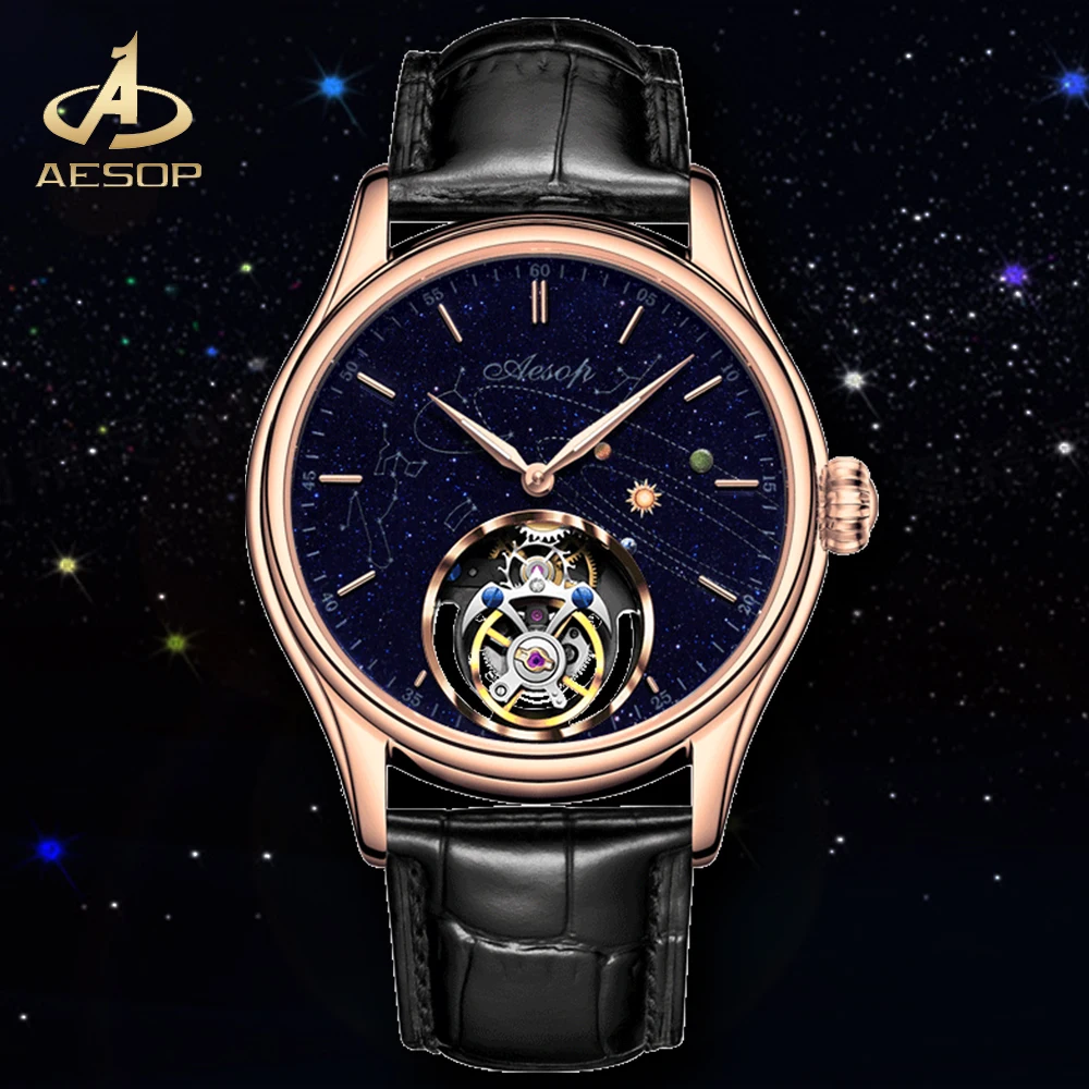 AESOP Flying Tourbillon Skeleton Mechanical Luxury Watches Waterproof Wristwatches Watch Brand For Men Movement Sapphire