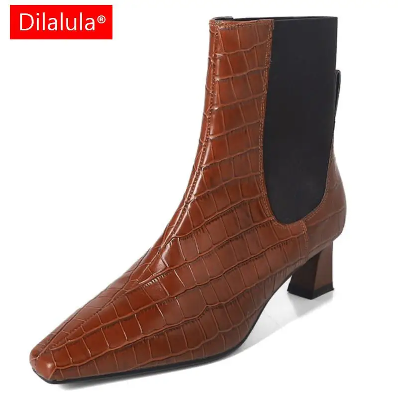 

Dilalula Vintage Women Ankle Boots Splicing Genuine Leather Squre Toe Office Lady Elegant Working Shoes Woman Autumn Winter