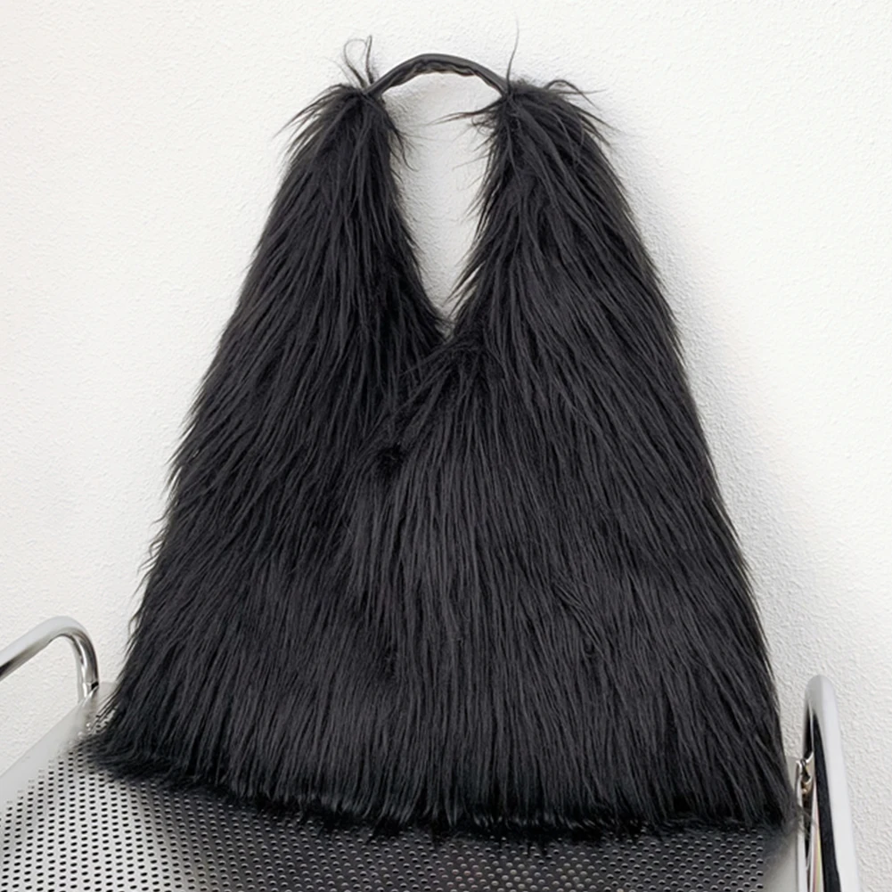 Women Fluffy Shoulder Bag Hasp  Tote Handbag Casual Solid Hobo Bag Versatile Large Capacity Fall Winter Soft Bag