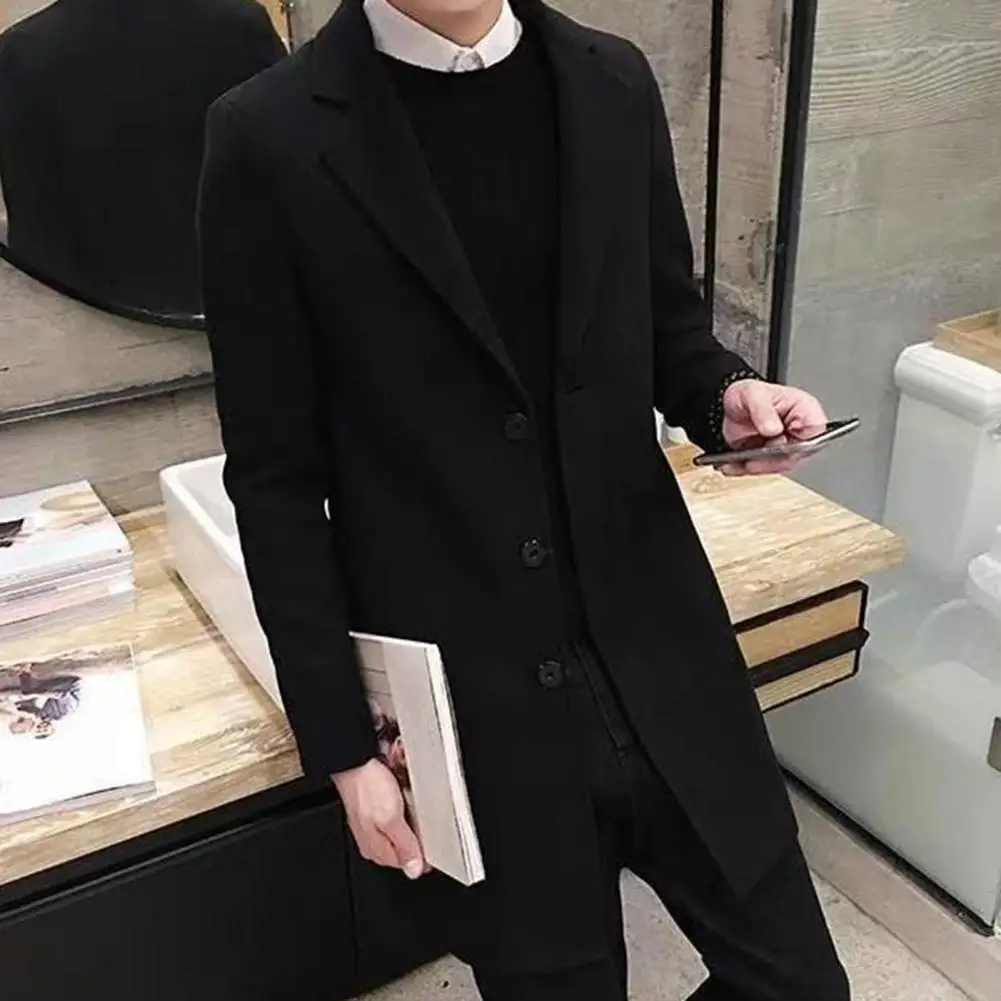 

Mid-length Coat Stylish Men's Lapel Mid Length Cardigan Solid Color Single-breasted Business Coat for Fall/winter Anti-wrinkle