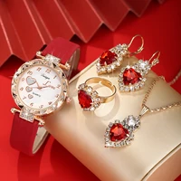 5-piece set of women's trendy and versatile college light luxury leather with diamond inlaid wrist watch, love quartz watch 1