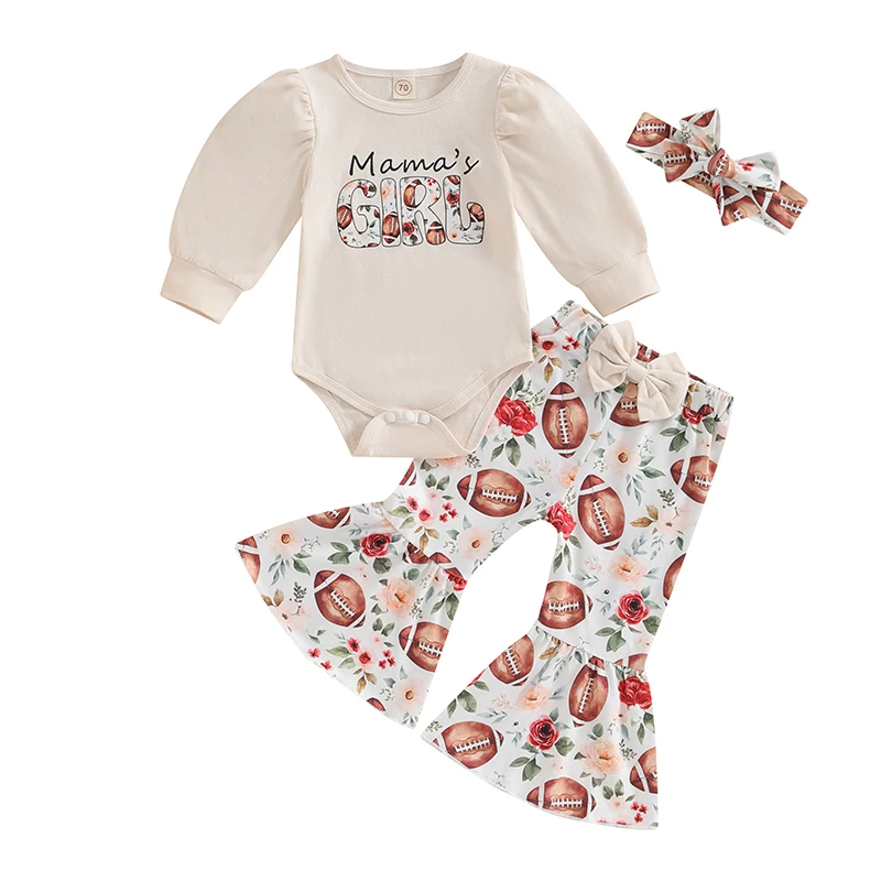 

0-18M Infant Girl Game Clothes Letter Print Long Puff Sleeve Romper Football Pattern Flare Pants Bow Headband Newborn Outfit