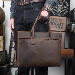 2023 Vintage Men's Briefcase Genuine Leather 16'' Laptop Bag Crazy Horse Leather Handbag Business Office Document Bag Hand Bag