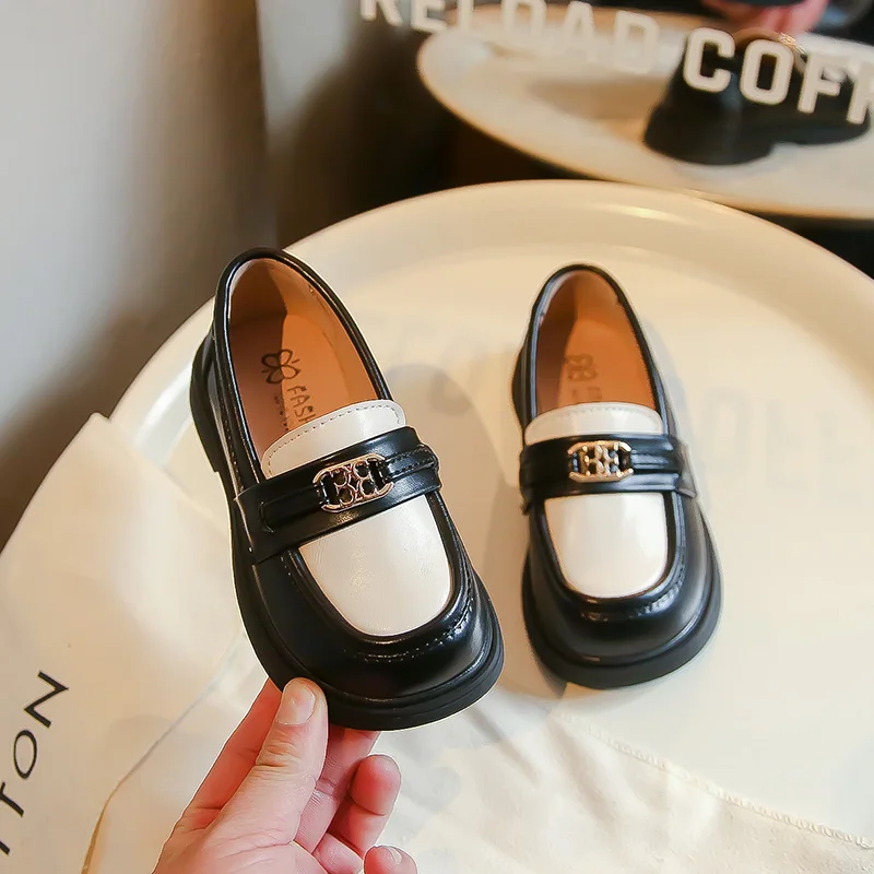 Children Casual Leather Shoes Fashion Patchwork Slip-on Unisex School Boys Girls Loafers Spring Kids Chunky Heel Platform Shoes