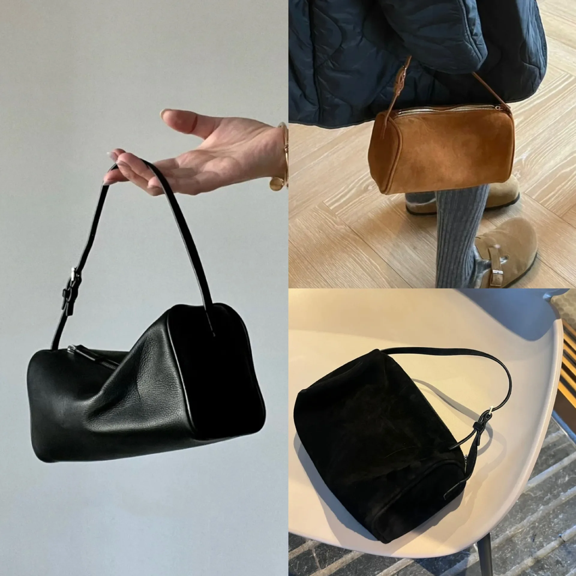 

2024 Mini Cowhide Pen Container Genuine Leather Square Underarm Bag Bag Handbag Simple Commuting The 90s leather small tote Row