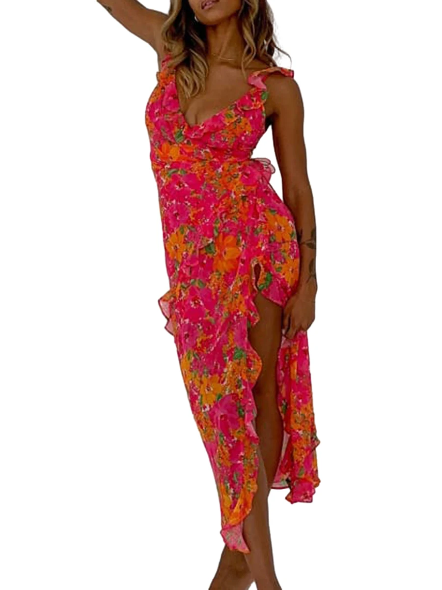 

Women s Off-Shoulder Maxi Dress with Tropical Print and Flowy Ruffled Hemline for Beach Vacation