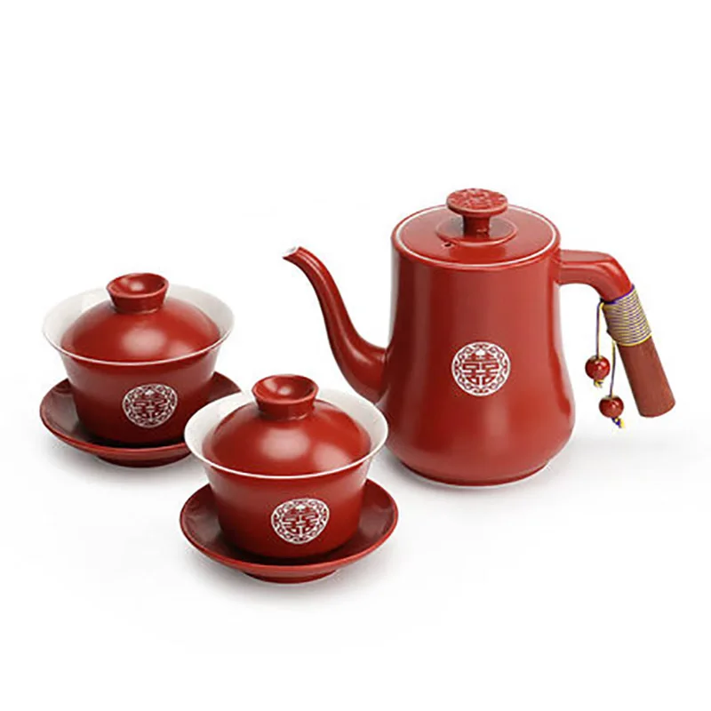 Red Ceramic Tea Set with Serving Tray, Teapot, Gaiwan, Porcelain, Wedding Supplies, Newlywed Party Souvenir Gift, Chinese