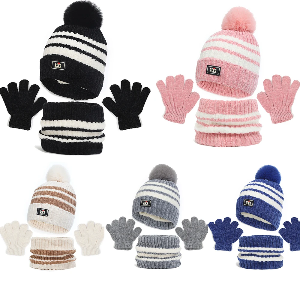 

Autumn and Winter Children's Knitted Hat and Scarf Gloves 3 Piece Set For Boys and Girls Cute Baby Keep Warm Accessories Outfit