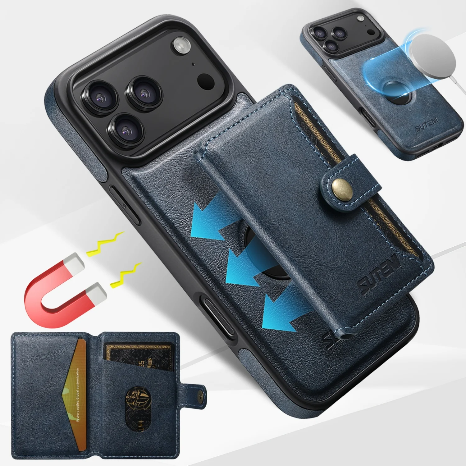 Magnetic Leather Case with Card Holder - All-Round TPU Protection, Two-in-One Design
