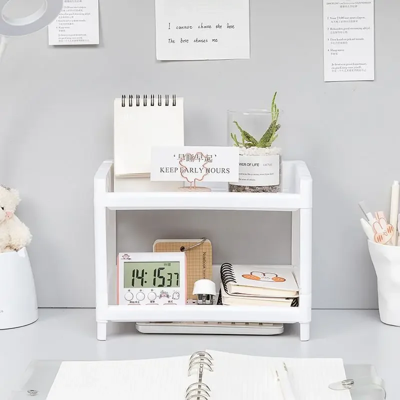 Storage Racks 1PC PP Desktop Double Layer Storage Rack Rectangular White Organizing Student Desk Office Cosmetics Stationery
