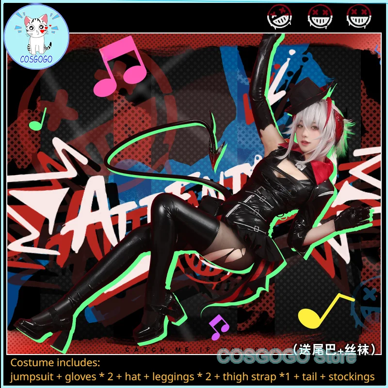 

COSGOGO Game Arknights W 2023 AMBIENCE SYNESTHESIA Kaitou Suit Cool Leather Uniform Cosplay Costume Halloween Outfit Wig