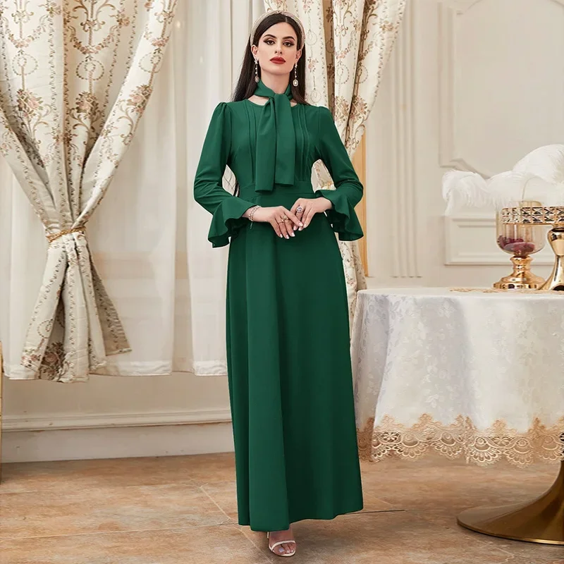 Muslim Abaya Ramadan Morocco Ruffles Sleeve Solid Ribbons Gorgeous Party Dress Kaftan Islam High Waist Vestidos فساتين السهرة