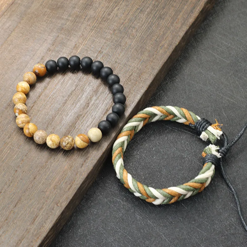 Men Adjustable Cord Chain Lava Tiger Eyes Stone Bracelet