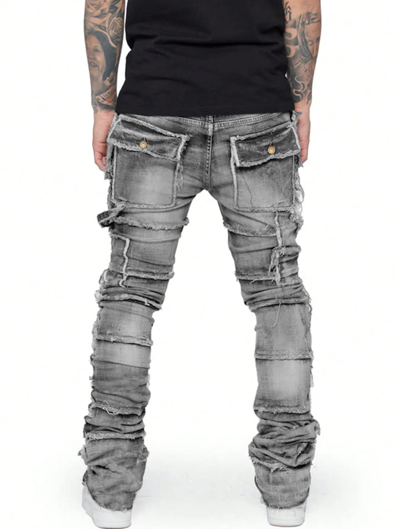 Retro Cargo Jeans Men Stretchy Ripped Washed Y2k Pants Straight Leg Male's Patched Denim Trousers men jeans,ripped jeans,ripped patchwork jeans