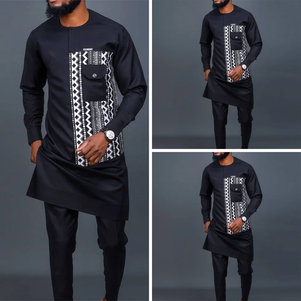 2023 African Men Dashiki Long Sleeve 2 Piece Set Traditional Africa Clothing Striped Men's Suit Male Shirt Pants Suits (M-4XL)