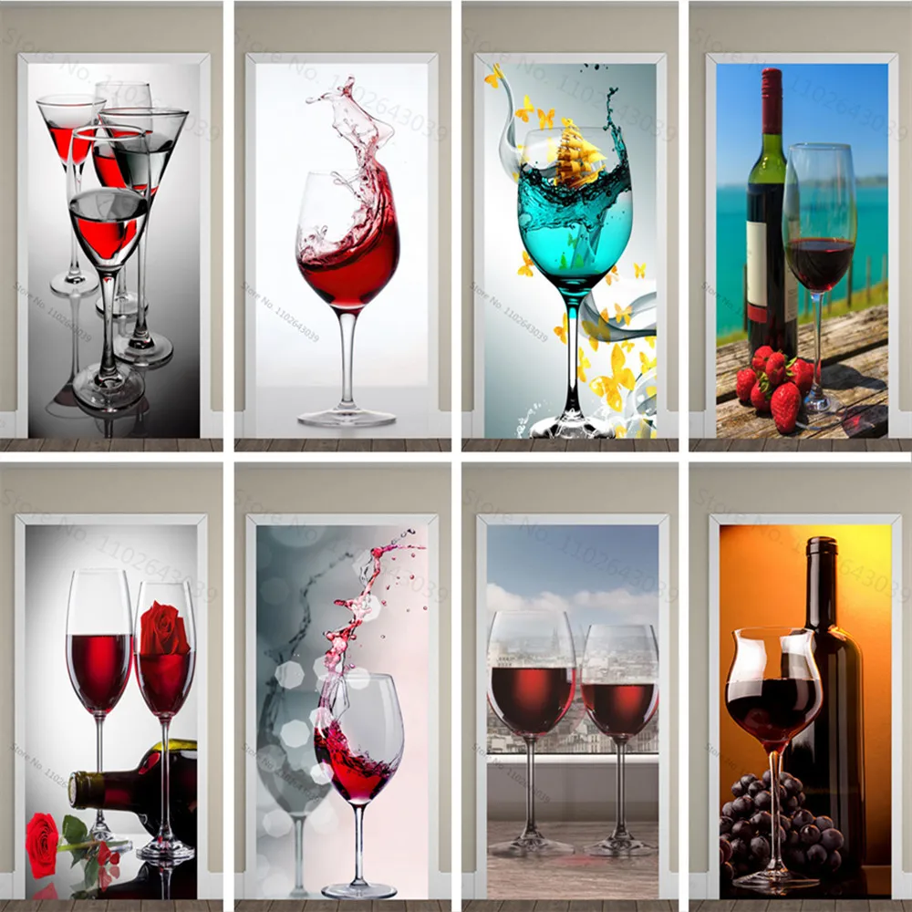 3D Red Wine Cup Door Sticker Room Home Decoration Red Rose Poster Wall Sticker Tear And Stick Pvc Waterproof Wall Murale Vinyl
