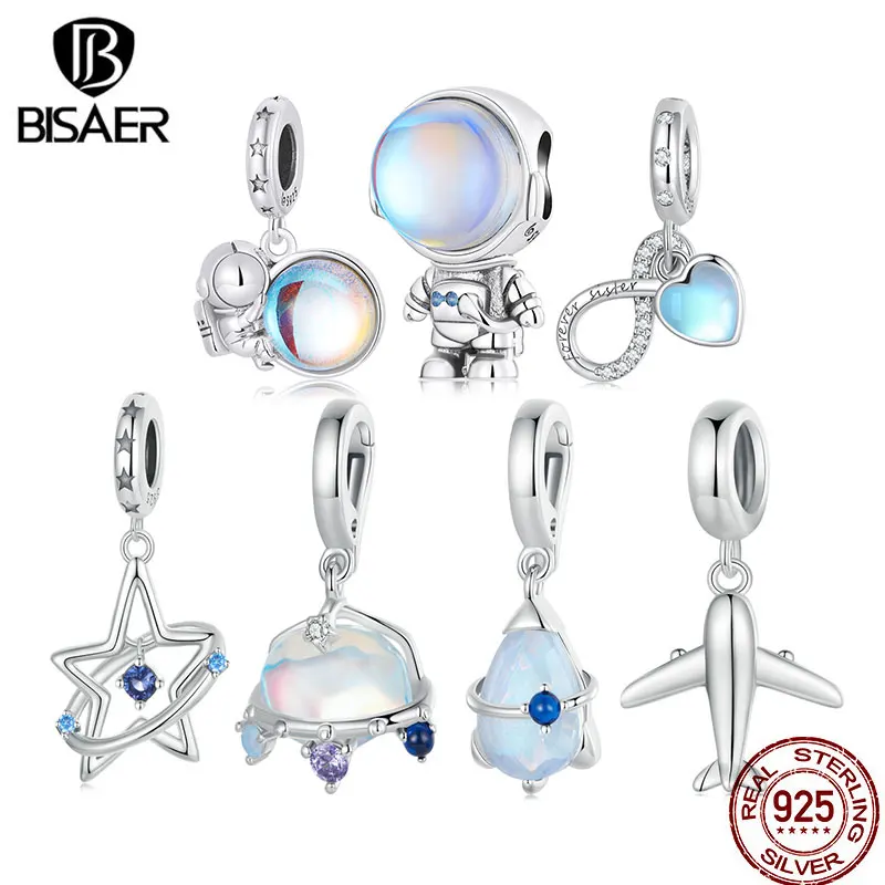 

BISAER 925 Sterling Silver Dreamy Star Srail Charm Airplane Astronaut Space Series Pendant For Women DIY Bracelet Fine Jewelry