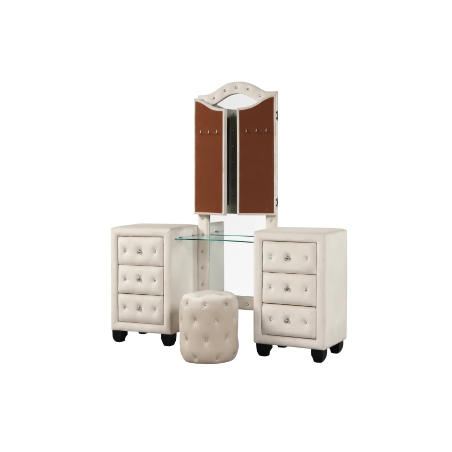 Description Picture 6 of itemModern vanity design with a practical mirror,Crystal Tufted Vanity set Made with Wood in Cream,Crafted from wood for long-lastin