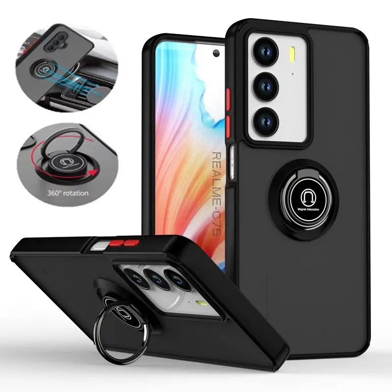 Shockproof Armor Phone Case with Lens Protection and Ring Holder - Matte Finish