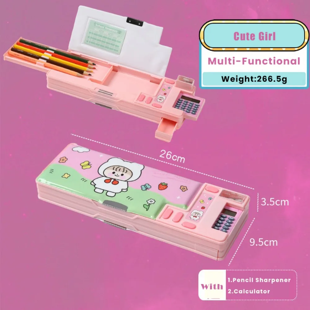 Dual-Sided Fun Mechanism Plastic Pencil Case with Built-In Calculator and Sharpener